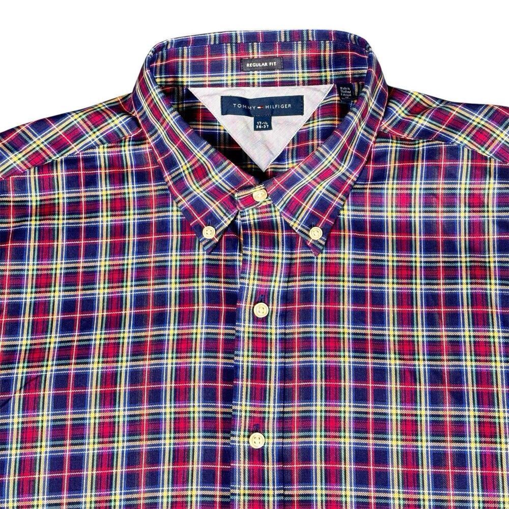 Tommy Hilfiger 17.5 36/37 Button Down Long Sleeve Shirt Cotton Plaid Blue Red L